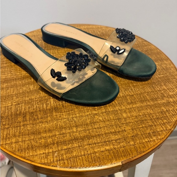 Zara Black and Green Embellished Slide Sandals - Picture 1 of 4